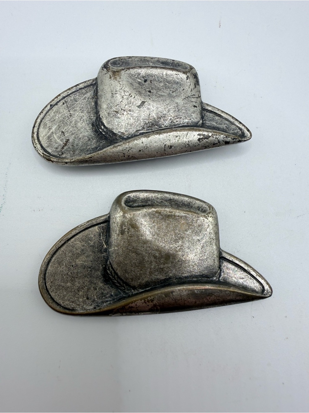 Set (2) Cowboy Hat Button Covers Rodeo Western Silver Tone Vintage Metal 2"